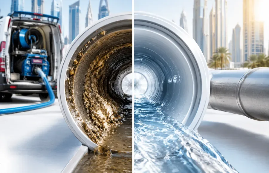 Before and after drain cleaning showing restored water flow
