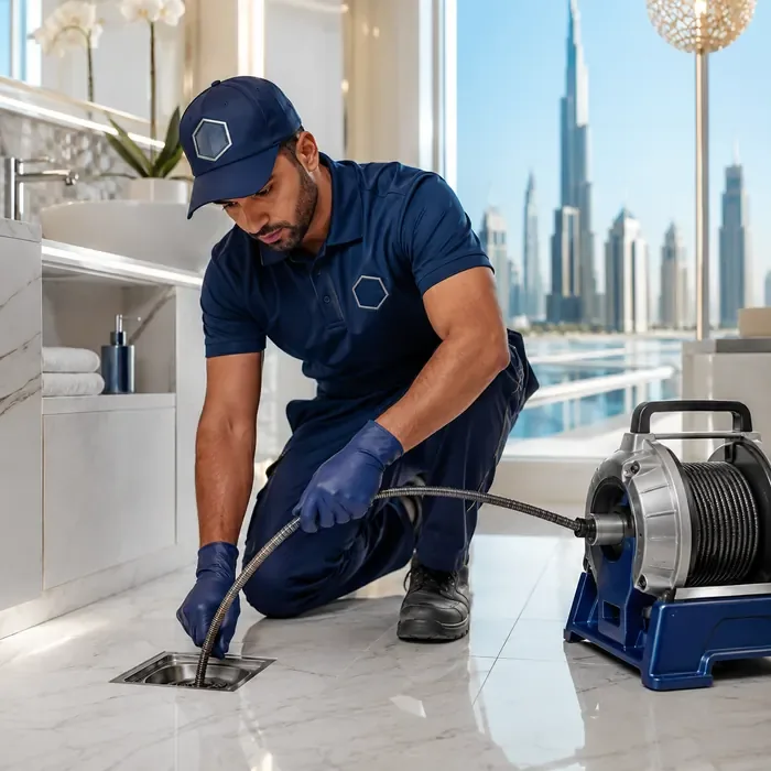 Professional technician using drain cleaning equipment